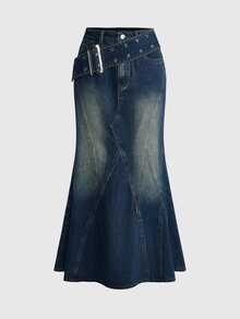 ROMWE Autumn/Winter Hippie Washed Mermaid Tail Denim Skirt For Women - Blue - View 1