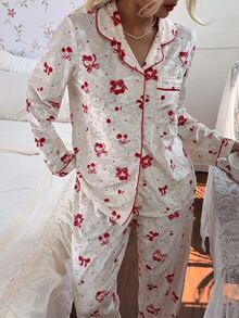 CottageSlumber Women's Cherry Bow Pattern Velvet Front Button Opening Patch Pocket Long Sleeve Pants Pajama Set - Red - View 4