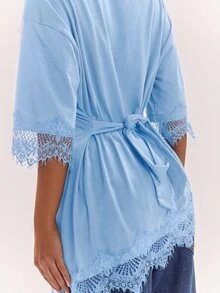 SHEIN BAE Women's French Lace Patchwork Asymmetrical Hem Ribbon Top - Baby Blue - View 7