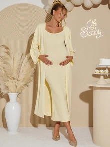 Loomaby Maternity Solid Color Spaghetti Strap Dress And Cardigan Casual 2 Pieces Set - Yellow - View 6