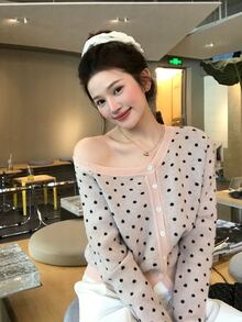 DAZY Women's Asymmetrical Shoulder Polka Dot Korean Style Long Sleeve Autumn/Winter Cardigan - Pink - View 6