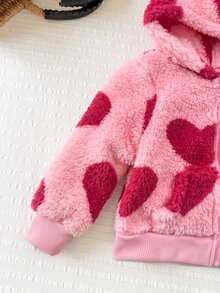SHEIN 女嬰休閒純色可愛愛心圖案毛絨連帽冬季外套 - 淺粉色 - 查看 3