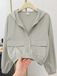 SHEIN 青少年女孩編織純色貼袋短版寬鬆休閒連帽外套 - 橄欖綠 - 查看 1