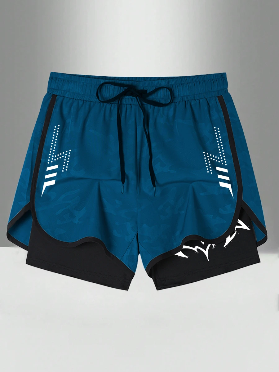 Gym Rark Men's Printed Colorblock Drawstring Waist Double Layer Sports Shorts - Blue - View 1