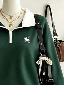 Lalippa 女款復古拼色 Polo 領半拉鍊運動衫，寬鬆版型，小馬翻領套頭上衣，秋季 - 彩色 - 查看 3