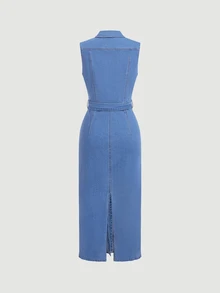 SHEIN LUNE Women's Collared Single-Breasted Fitted Casual Sleeveless Denim Dress - Blue - View 4
