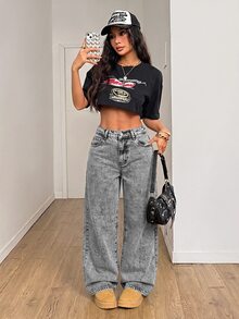 SHEIN PETITE 女款休閒水洗直筒牛仔褲 - 淺色水洗藍 - 查看 5