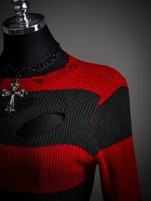 SHEIN ICON Fall Women's Autumn Halloween Red And Black Goth Devil Girl Fashion Colorblock Striped Distressed Sweater - Multicolor - View 4