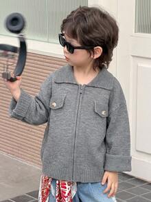 DAZY Young Boys Loose Fit Turn-Down Collar Sweater, Thick Autumn/Winter Streetwear Cardigan - Grey - View 7