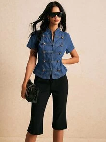 Poéselle 女款短袖拉鍊與鈕扣前開襟牛仔上衣 - 中等水洗藍 - 查看 8