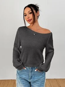 SHEIN PETITE 秋季休閒純色不對稱領毛衣 - 灰色 - 查看 3