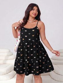SHEIN EZwear 女款大尺碼全印花休閒日常夏季細肩帶洋裝 - 黑色 - 查看 5