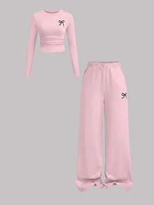 Sweetra Women's Pink 2 Pieces Sports Set, Bow Print Pleated Cropped Long Sleeve Top, Elastic Waist Split Hem Wide Leg Pants - Pink - View 1