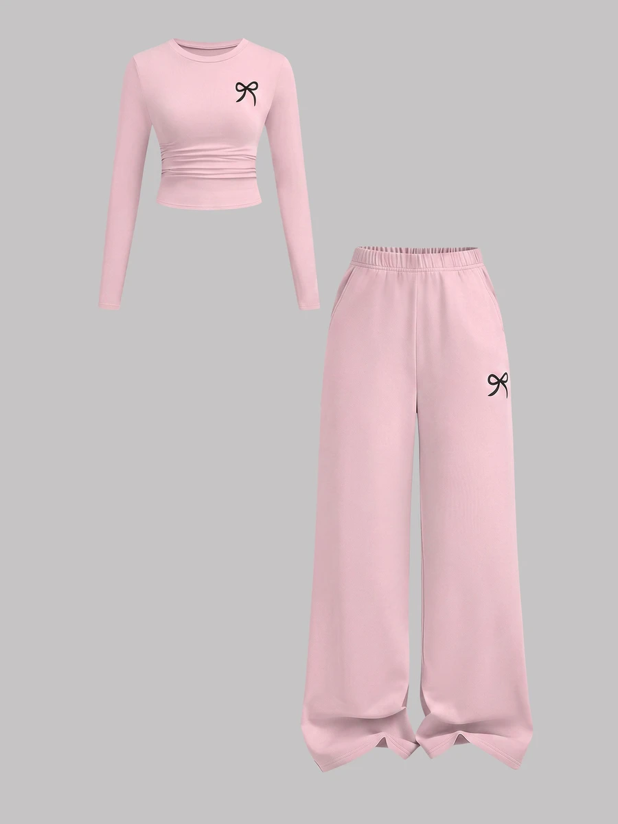 Sweetra Women's Pink 2 Pieces Sports Set, Bow Print Pleated Cropped Long Sleeve Top, Elastic Waist Split Hem Wide Leg Pants - Pink - View 1