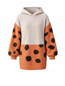 Balvessa Contrast Color Patchwork Large Polka Dot Hooded Drop Shoulder Lantern Long Sleeve Ribbed Hem Loose Minimalist Versatile Slouchy Women's Sweater Dress - Multicolor - View 4