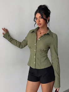 Aloruh 女款秋冬新款優雅春夏通勤日常簡約百搭旅行辦公純色軍綠色短袖收腰百褶長袖襯衫 - 軍綠色 - 查看 7