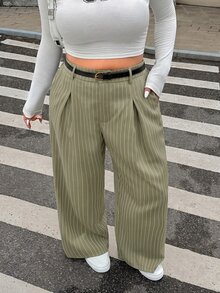SHEIN EZwear Pantalones de pierna ancha casuales con cierre de botones y cinturón en unicolor para talla grande en otoño/invierno - Verde - Ver 6