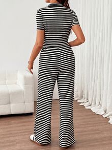 SHEIN Maternity Summer Casual Striped T-Shirt & Long Pants 2 Pieces Set - Black and White - View 2