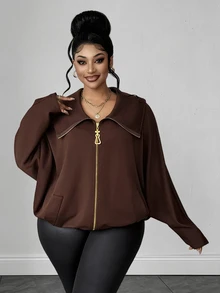 Maweii Jaket Wanita Ukuran Besar Model Batwing Lengan Panjang Warna Polos dengan Resleting - Coffee Brown - View 4