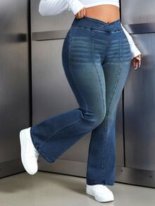 Jeanoix Plus Size Women's Asymmetrical Waist Casual Flare Jeans - Blue - View 3