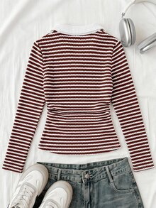 少女 T-shirt 秋冬設計 圓領短袖上衣 夏季露肩收腰修身休閒 T-shirt - 紅白色 - 查看 2