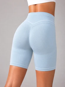 Eassivo Women's Solid Color High Waist Daily Fitness SportsBermuda Shorts - Blue - View 5