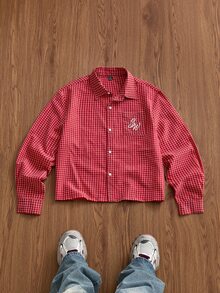 SWAVVY 酒紅色小格紋刺繡男士長袖襯衫 - 酒紅色 - 查看 6