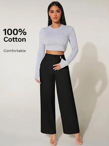 SHEIN PETITE 高腰寬腿夏季長褲 100%純棉 - 黑色 - 查看 4