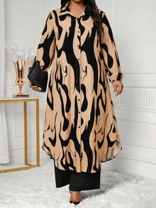SHEIN Lady 大尺碼單排扣長袖襯衫與寬鬆長褲兩件套 - 彩色 - 查看 4