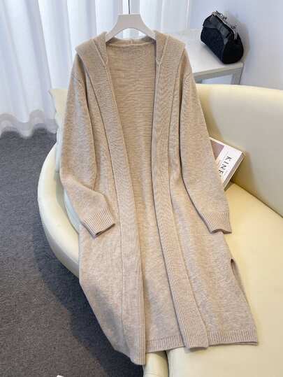 SHEIN Women's Autumn/Winter French Lazy Style Solid Color Hooded Buttonless Side Slit Long Drape Knit Long Sleeve Cardigan Sweater, Suitable For Daily Commute And Vacation