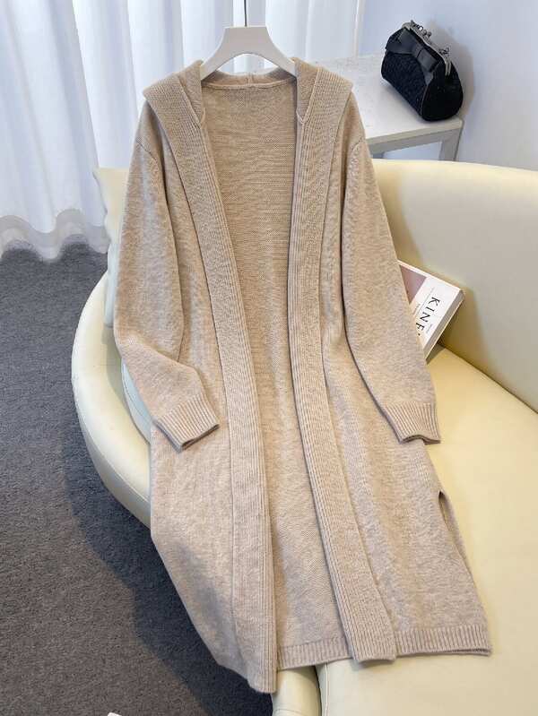 SHEIN Franclia Women's Autumn/Winter French Lazy Style Solid Color Hooded Buttonless Side Slit Long Drape Knit Long Sleeve Cardigan Sweater, Suitable For Daily Commute And Vacation