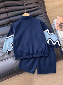 SHEIN Coolqubz 小男孩字母圖案前開拉鍊夾克與短褲休閒套裝 - 藍色 - 查看 2