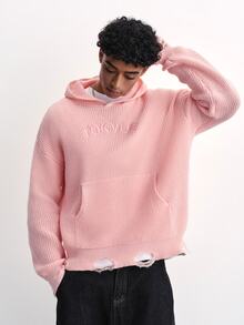 TOKVUE 男士字母刺繡落肩長袖口袋休閒連帽衛衣 - 粉色 - 查看 1