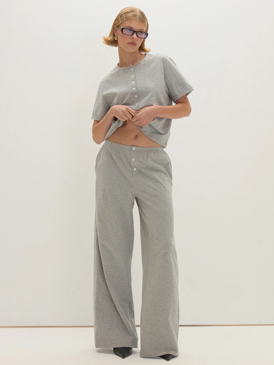 MUSEYN Grey Jersey Straight Leg Elastic Waist Button Pants Casual Comfortable Effortless Everyday Office Fall - Grey - View 1