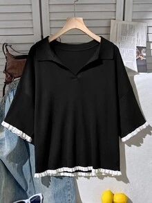 Comfortcana 大尺碼針織 Polo 衫，對比領設計，黃色上衣 - 黑色 - 查看 4