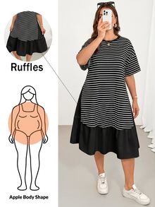 Shapeblank Plus Size Summer Casual Striped Patchwork Dress - Black and White - View 1