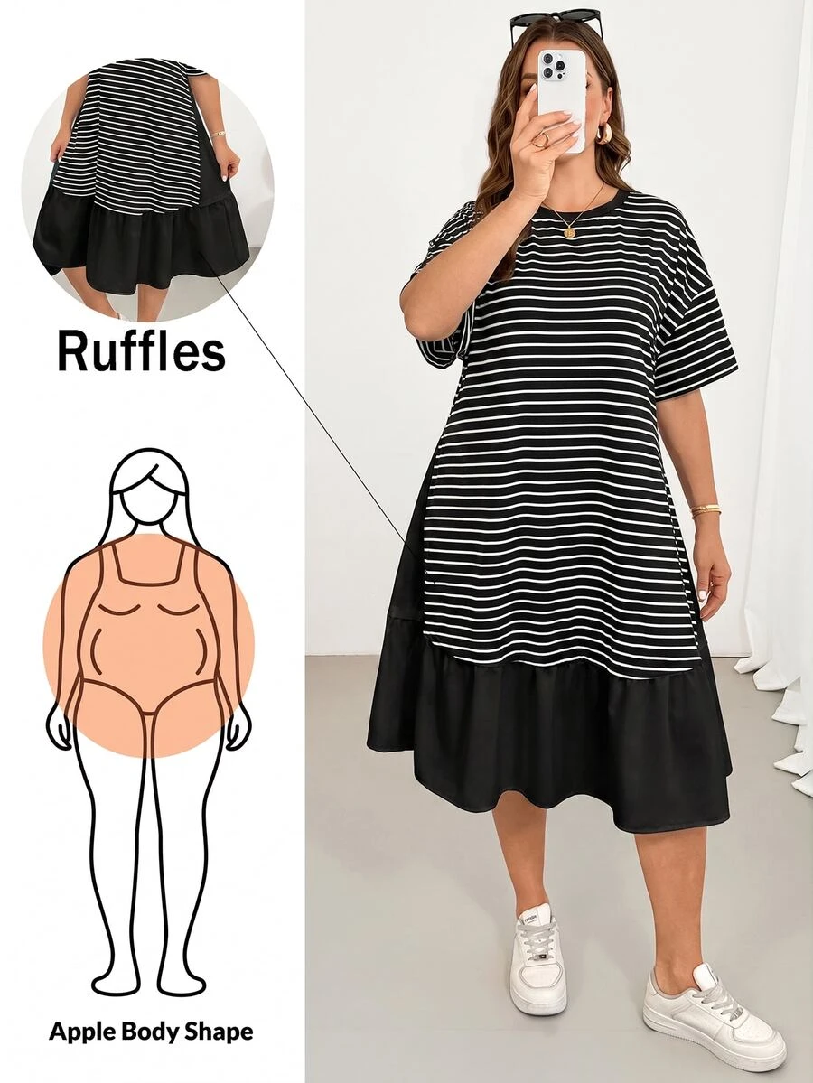 Shapeblank Plus Size Summer Casual Striped Patchwork Dress - Black and White - View 1