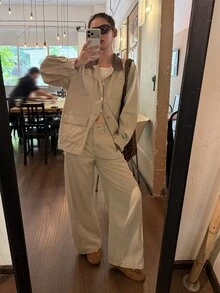 DAZY Women's Single-Breasted Long Sleeve Jacket And Loose Long Pants Denim Set Fall - Grey - View 7
