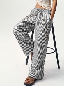 Bohemela Celana Panjang Wanita Motif Garis dengan Dekorasi Kancing - Hitam dan Putih - View 4