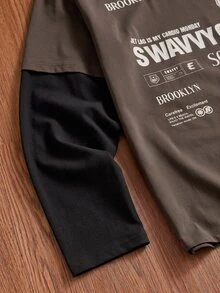 SWAVVY 男士針織時尚休閒青年款寬鬆長袖T恤，英文字印花拼接設計 - 彩色 - 查看 4