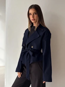 Aloruh 女款秋季休閒優雅雙排扣風衣 辦公商務海軍藍 - 藏蓝色 - 查看 5