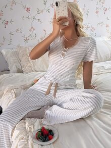 CottageSlumber Cherry Print Lace Short Sleeve Long Pants Pajama Set - Apricot - View 3