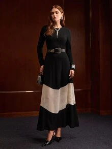 MOTF PREMIUM CONTRAST OPEN KNIT PANEL DRESS WITHOUT BELT - Black - View 5