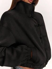 SHEIN BAE Women's Solid Color Drop Shoulder Long Sleeve Frog Button Design Zipper Front Jacket - Black - View 7