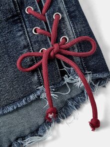 ROMWE Goth Shorts vaqueros mini súper cortos de talla grande con diseño de cordón, bolsillos con patrón de bordado de cruz gótica oscura - Azul - Ver 3