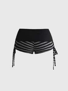 ROMWE Trash Punk Cute Vintage Music Festival Striped Colorblock Black & Grey Drawstring Super Short Women's Shorts - Multicolor - View 2