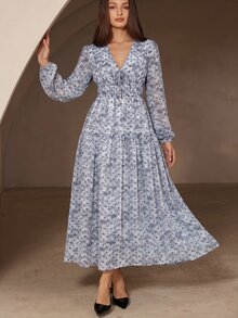 BELROSIE 復古波點V領修身優雅連身裙，前領綁帶設計，修身長袖雪紡洋裝 - 藍色 - 查看 5