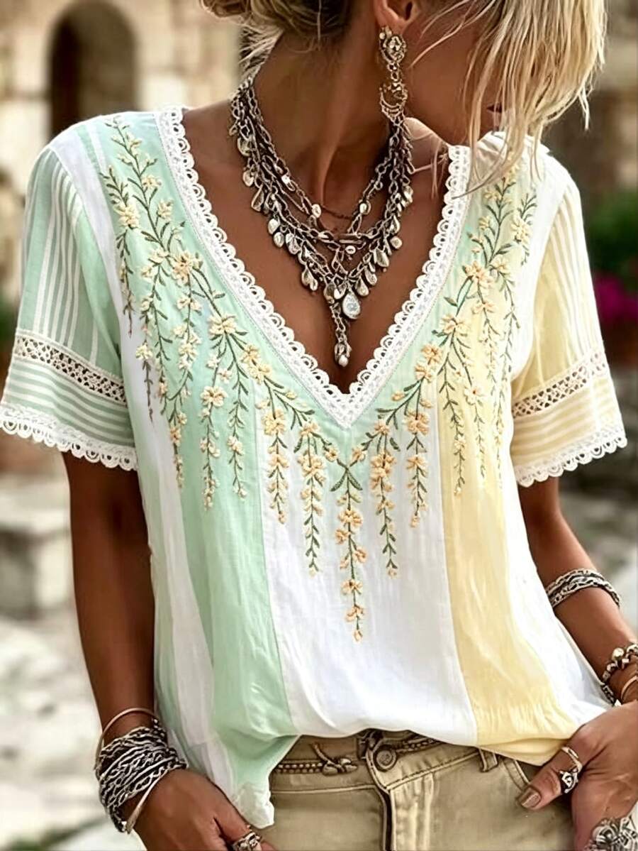 Selamara Women's Fashion Lace Patchwork Positioned Floral Print Short Sleeve V-Neck Top - Green - View 1