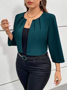 SHEIN Essnce 大尺碼女款純色百褶休閒優雅通勤旅行西裝外套 辦公正式款 蒂爾藍 夏季 - 水鴨藍 - 查看 3