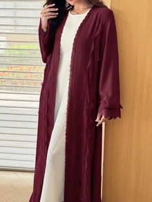 Al Najma 浪漫優雅純色喇叭袖網紗蕾絲裝飾女款長袍 - 酒紅色 - 查看 7